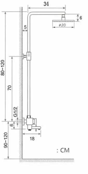Diagram of Golden White Wall Mounted Shower System With Rainfall Head And Massage Jets Solid Brass Swivel Spout with dimensions.