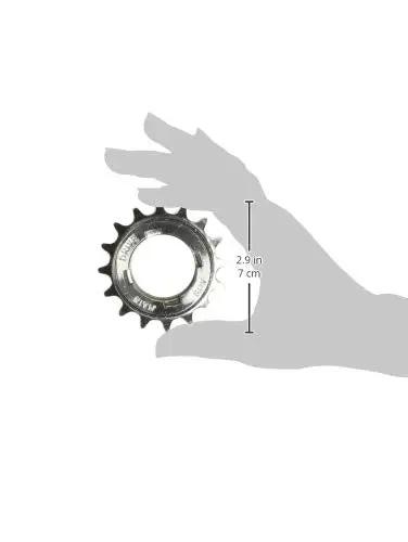 Hand holding Sixteen Tooth One Eighth Inch Freewheel for BMX Bikes, chrome steel, rust-resistant, shown to scale for smooth acceleration.