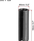 Slotted Spring Pin Set 5mm x 18mm Plain Finish 65Mn, single pin view, used for small machine projects, set of 30 pieces.