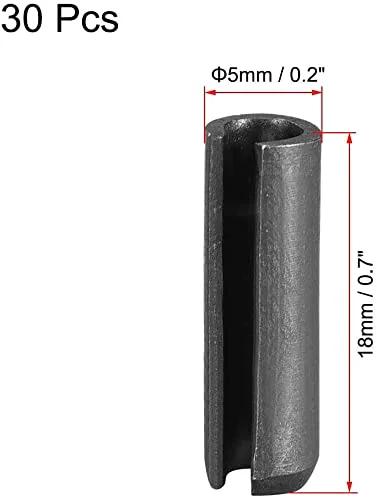 Slotted Spring Pin Set 5mm x 18mm Plain Finish 65Mn, single pin view, used for small machine projects, set of 30 pieces.