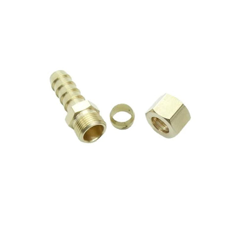 Two brass compression tube-to-hose barb fittings for 3/8 in tube OD and 3/8 in hose barb, with nuts and ferrule