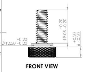 Front view of Five Pack 1/4-20 Knurled Shoulder Brass Thumb Screws With Flat Tip For Secure Grip 1-1/16 Inch Overall Length 9/16 Inch Head Diameter