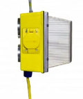 Heavy Duty Retractable Power Reel Featuring 14/3 SOW Cable And An Integrated 25W LED Work Light in bright yellow color.