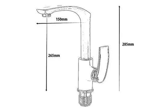 ZBSAVFM Stylish Rotatable Kitchen Faucet - Single Handle Copper Bibcock Tap with dimensions 150mm wide, 265mm tall, and 285mm base height.