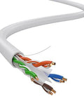 Close-up of Cat6 Ethernet Cable 1000ft Bulk White, High Speed 550MHz UTP Cable, showcasing 23AWG CCA conductors, solid core for gigabit network use.