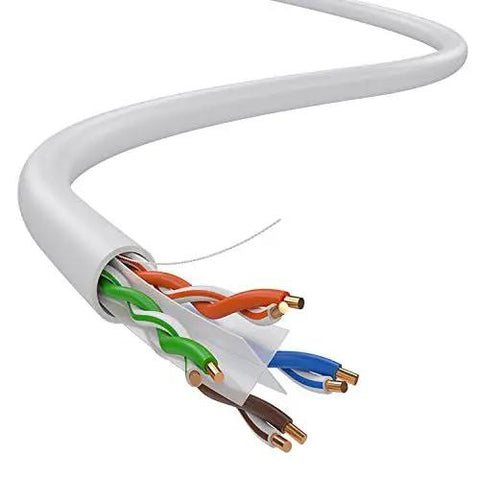 Close-up of Cat6 Ethernet Cable 1000ft Bulk White, High Speed 550MHz UTP Cable, showcasing 23AWG CCA conductors, solid core for gigabit network use.