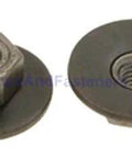 Front view of two M5-.8 free-spinning washer nuts, 19mm OD, automotive fasteners (Amazon).