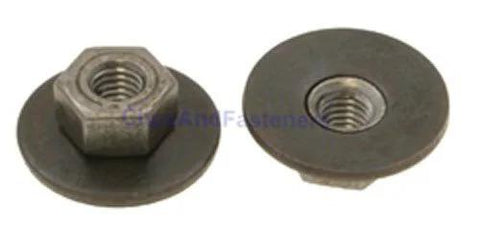 Front view of two M5-.8 free-spinning washer nuts, 19mm OD, automotive fasteners (Amazon).