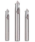Front view of three chrome two-flute center drill bits for aluminum with 90° countersink chamfer