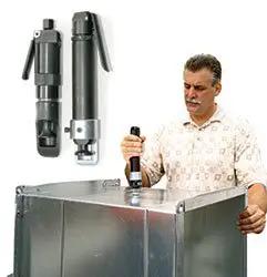 Lock Air Hammer Anvil Model 1800 for HVAC duct and sheet metal use, one-hand operation, showing tool in use on metal surface.