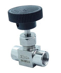 Front view of 304 stainless steel instrument gas needle valve with 1/4 NPT female threads and black knob