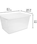 Clear Plastic Storage Containers With Snap Lids 58 Quart Medium Organization Bins showing dimensions 23" L x 16.5" W x 12" H.