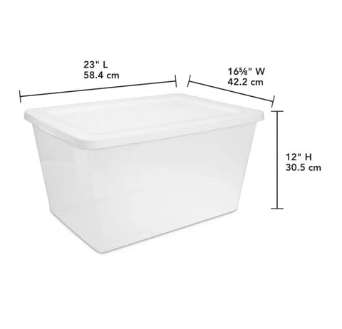 Clear Plastic Storage Containers With Snap Lids 58 Quart Medium Organization Bins showing dimensions 23" L x 16.5" W x 12" H.