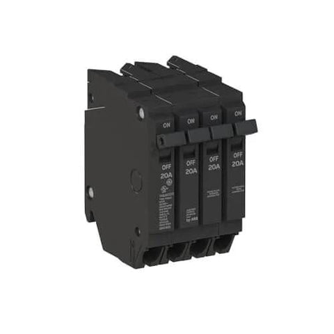 Q-Line Quad Circuit Breaker THQLQ202020 20A (1P/2P/1P) configuration, 120/240 VAC, space-saving design, front view