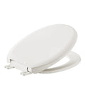 Champion Round Toilet Seat Soft Close Linen With Quiet Close Technology Easy Clean Surface Kid Safe Slow Close Lid Durable Plastic Chrome Hinges Fits Most Standard Round Toilets No Slams Quick Easy Install in white color shown at an angle.