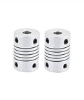 Pair of silver aluminum alloy 6mm–6mm shaft couplers with screw holes for 3D printers and CNC machines