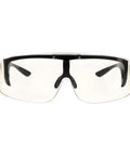 Super Lightweight Flip Over Radiation Safety Glasses Featuring Badass 0.12mm Lead Lens Protection With Comfy Rubber Grip Pads For Stress Free Medical Work, front view with black frame and clear lenses.