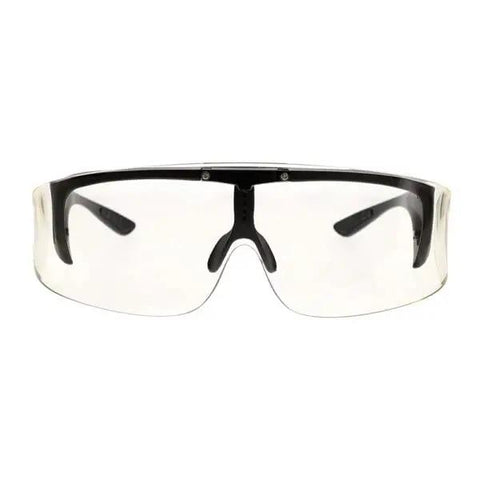 Super Lightweight Flip Over Radiation Safety Glasses Featuring Badass 0.12mm Lead Lens Protection With Comfy Rubber Grip Pads For Stress Free Medical Work, front view with black frame and clear lenses.
