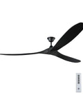 Modern Triple Blade Ceiling Fan With Handheld Remote Delivering Smooth Big Breezes Low Noise Motor Matte Black Housing Paired With Rich Dark Walnut Blades For Easy Cooling, viewed from below with remote.