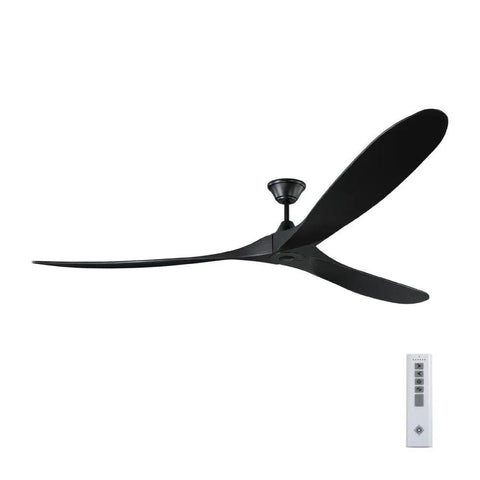 Modern Triple Blade Ceiling Fan With Handheld Remote Delivering Smooth Big Breezes Low Noise Motor Matte Black Housing Paired With Rich Dark Walnut Blades For Easy Cooling, viewed from below with remote.