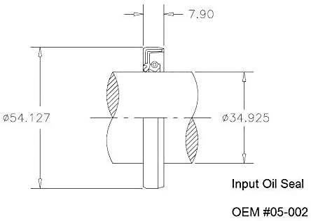 Cross-section schematic of input oil seal for rotary cutter gearbox, showing 54.127 mm and 34.925 mm diameters