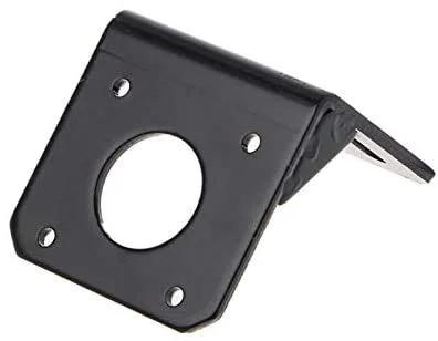 Angled view of black metal 42mm Nema 17 motor mounting bracket with circular motor hole and four corner screw holes