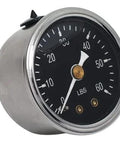 Front view of Twin Cam oil pressure gauge kit with black dial and metal housing.