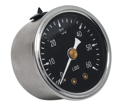 Front view of Twin Cam oil pressure gauge kit with black dial and metal housing.