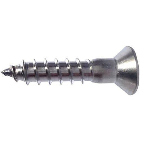 Side view of a 10 x 1-1/2 Inch Flat Head Phillips Wood Screw Made From Marine Grade Type 316 Stainless Steel With Partial Thread And Bright Finish.