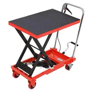 Heavy Duty Hydraulic Lift Table Cart 500 Lb Capacity Single Scissor Pump, red with a non-slip platform and swivel wheels.