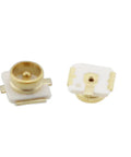 Close-up of 50 Ohm RF female socket jacks from 60 Pack PCB Mount Coaxial Connectors Set for SMD SMT Boards, gold, 3x3x1.25mm