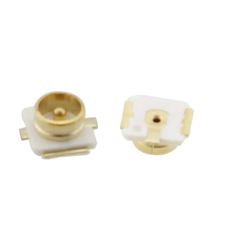 Close-up of 50 Ohm RF female socket jacks from 60 Pack PCB Mount Coaxial Connectors Set for SMD SMT Boards, gold, 3x3x1.25mm