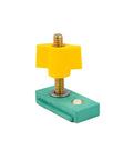Bulletproof Zero Play Miter Stop Fence With Quick T Track Lock, green clamp bracket with yellow knob for woodworking.