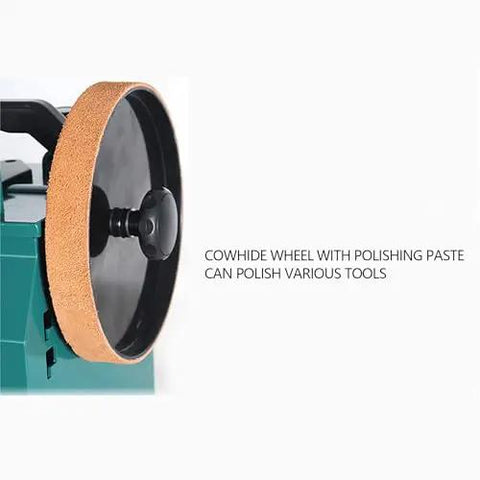 Pro Grade Electric Knife Sharpener And Water Cooled Bench Grinder Built For Wet Or Dry Grinding On Chisels And Plane Blades Featuring A Hassle Free Cooling Rig For Dead Fast Results showcasing a cowhide wheel for polishing tools.