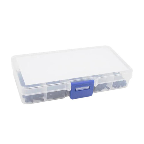 Clear plastic box containing Metric M2.5 Nylon Phillips Pan Head Screws Nuts Flat Washers Assortment Kit Black PA66 360 Pcs
