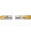 Two HSS tin-coated center-cut end mills (2-flute and 4-flute), side view.