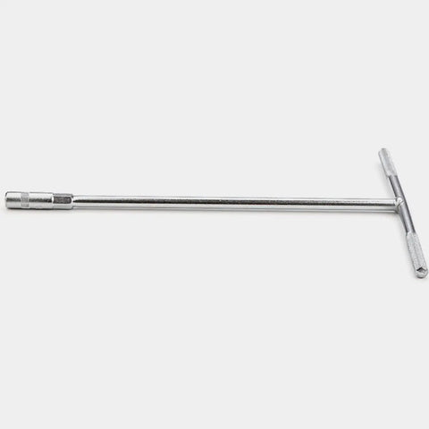 Hefty T Handle Socket Wrench Set Featuring Deep Metal Sockets shows a long chrome wrench with a T-handle for better grip.