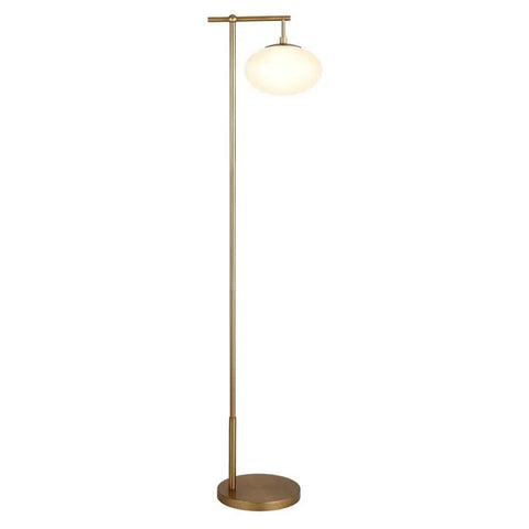 Go To 68 Inch Tall Arc Floor Lamp With Glass Shade In Brushed Brass And Milk White, Mid Century Modern Vibe, soft glow ambiance