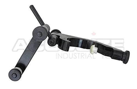 Side view of Accusize universal indicator holder for dial test indicator; black metal, adjustable arm.