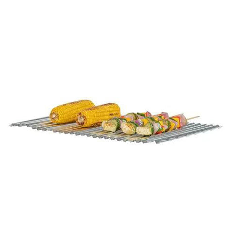 Foil Lux Disposable Grill Liners 19.7 By 12 Inch Nonstick Aluminum Grill Sheets with food like corn and kebabs on grill