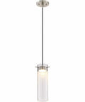 Pulse Collection LED Mini Pendant In Brushed Nickel Finish, One Light Modern Dope Transitional Kitchen Island Pendant With Sleek Clean Lines, 10 Inch High, 3 Inch Wide in brushed nickel finish, hanging view.