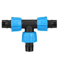 Front view of Watts ANKA high-pressure poly-pipe tee fitting, 1 in x 1 in x 1 in, black body with blue tapered-nut seals