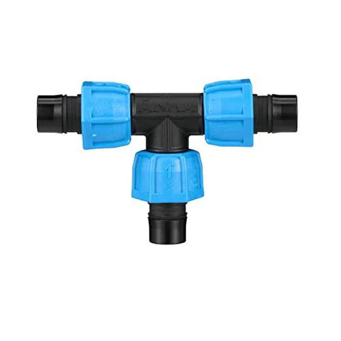 Front view of Watts ANKA high-pressure poly-pipe tee fitting, 1 in x 1 in x 1 in, black body with blue tapered-nut seals
