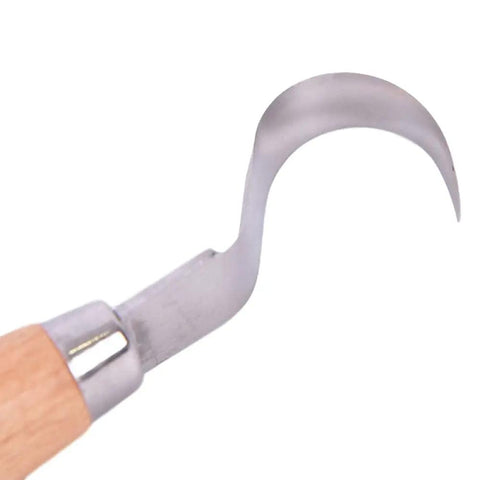 Kickass Stainless Steel Spoon Carving Knife And Hand Chisel Tools With Slick Ergonomic Grip For Badass Woodcut Chip Carving On Solid Oak Walnut Boards close-up of stainless steel blade with wooden handle