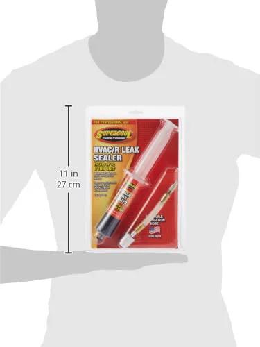 TSI Supercool HVAC leak-stop syringe with application hose, 2 fl oz, front view in red and white blister pack.