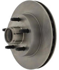 Front view of brake rotor with hub assembly and wheel studs, metallic silver finish