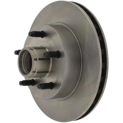 Front view of brake rotor with hub assembly and wheel studs, metallic silver finish