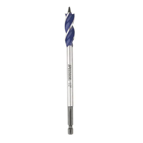 Heavy Duty One Half Inch By Six Inch Tri Flute Wood Drill Bit Designed To Hammer Through Hardwood Softwood Without Binding And Keeps The Crew Working Smooth On Job Sites, showing tri-flute design.