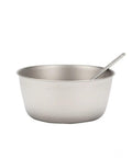 Titanium Trek Camping Bowl Ultralight And Durable For Hiking And Backpacking with spoon inside, showing stackable design and titanium finish.