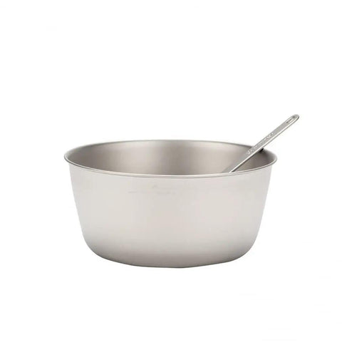 Titanium Trek Camping Bowl Ultralight And Durable For Hiking And Backpacking with spoon inside, showing stackable design and titanium finish.